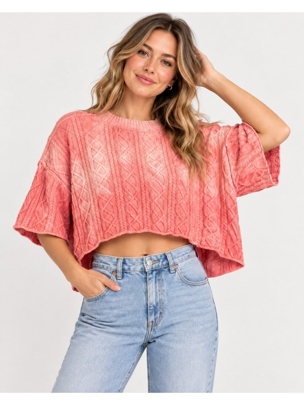 Free People Washed Ashore Women's Medium M Sweater Pink Cable Knit Crop Pullover